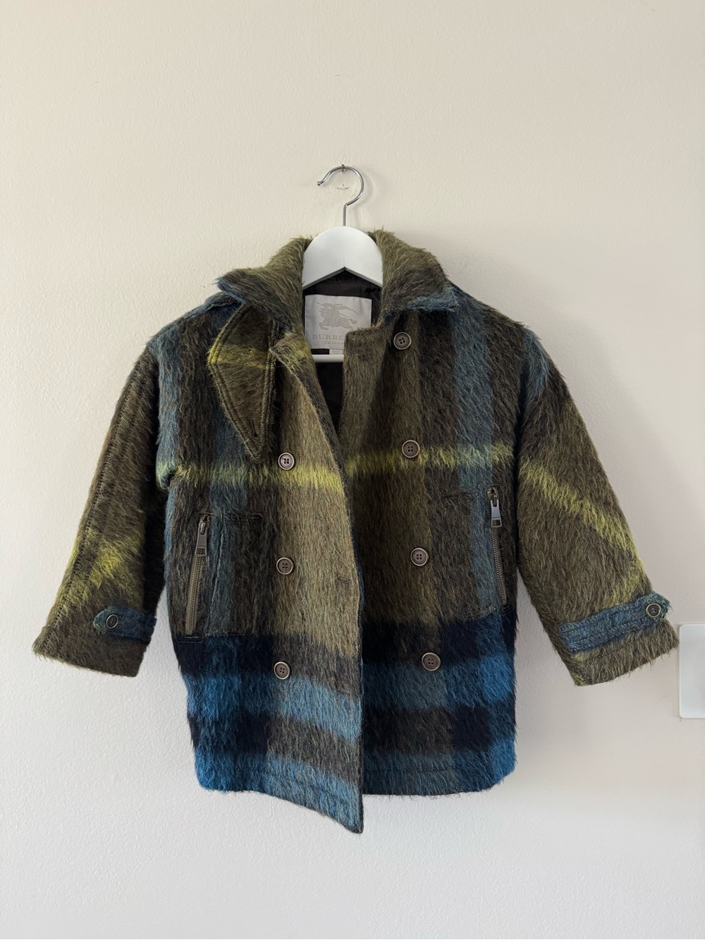 Burberry Kids Plaid Double-Breasted Pea Coat in Olive & Blue